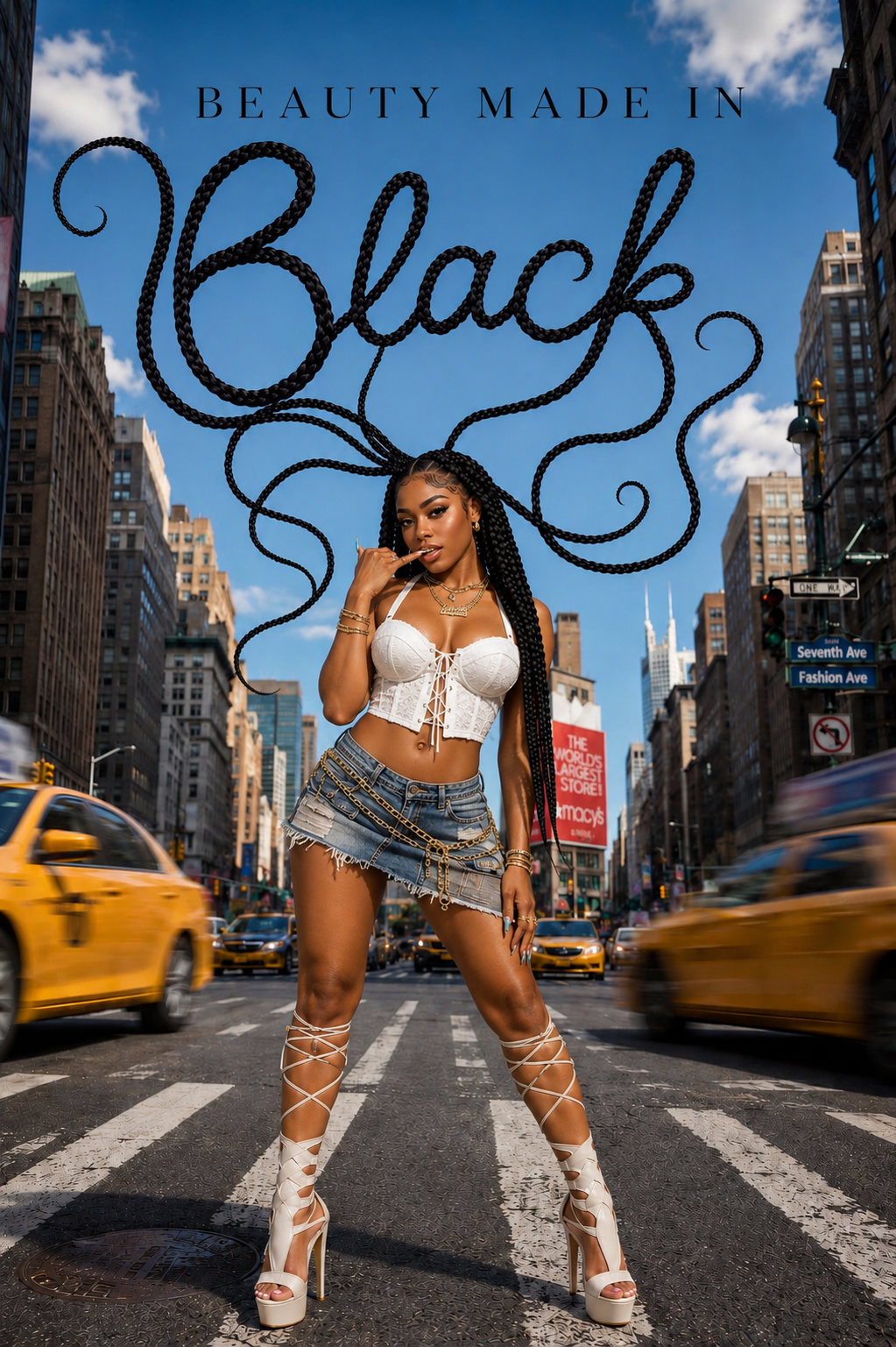 Beauty Made in Black hero — braids forming the word Black over a city street